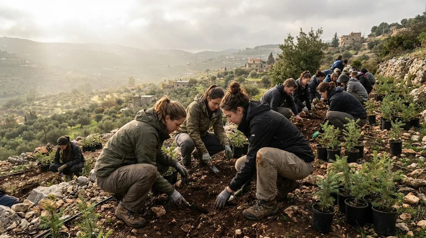 Volunteers planting cedar saplings on a terraced hillside