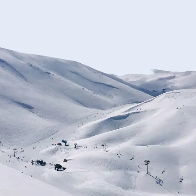 A wide snowfield under a pale winter sky, tracks crossing the slope.